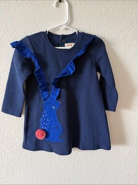 Catimini Navy Dress with Blue Bunny and Pink Pom Pom